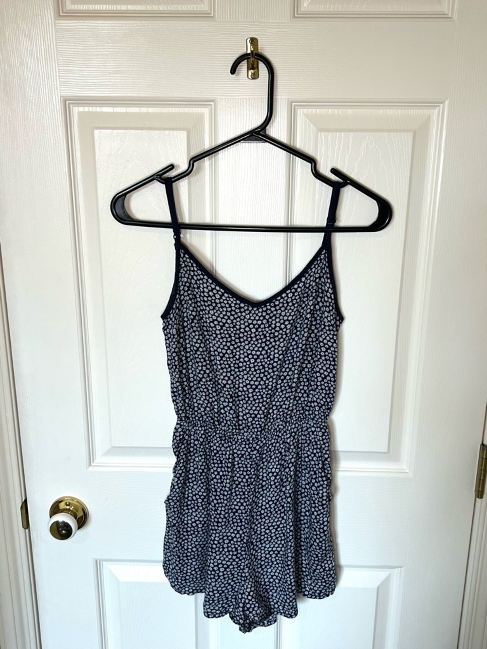 Divided Navy Blue Spotted Flower Romper